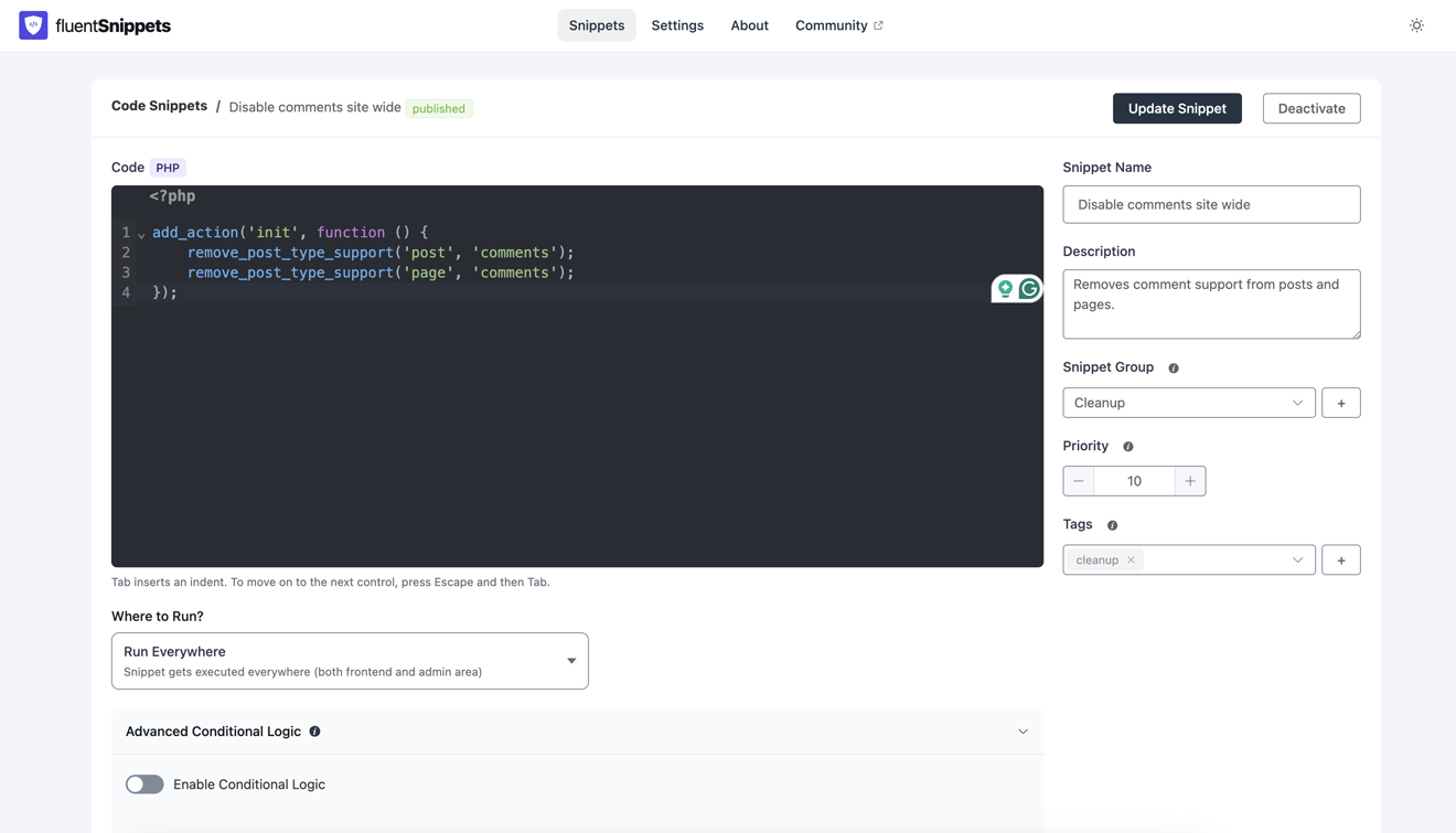 The redesigned snippet editor: a short PHP snippet with numbered, syntax-highlighted lines, and name, description, group, priority and tags laid out calmly beside it.