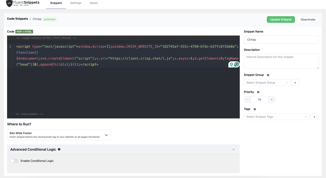 The old snippet editor: a dark code panel with a single long unwrapped line of JavaScript, settings crowded down the right-hand side.