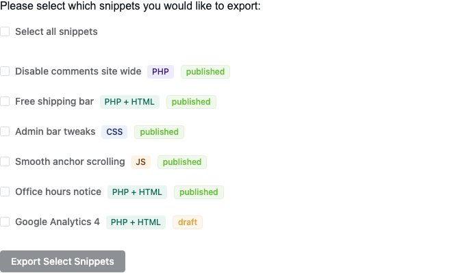 The export panel listing every snippet with a checkbox, a Select all snippets option, and an Export Select Snippets button.