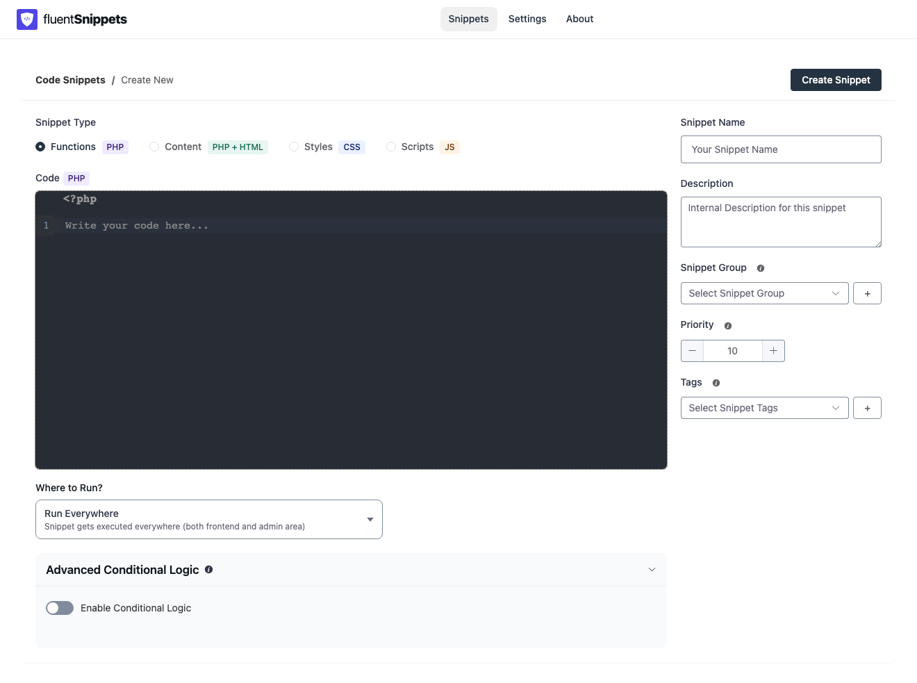 The new snippet screen, with snippet type radios, a code editor, run location selector, conditional logic panel, and a sidebar of name, description, group, priority and tags fields.