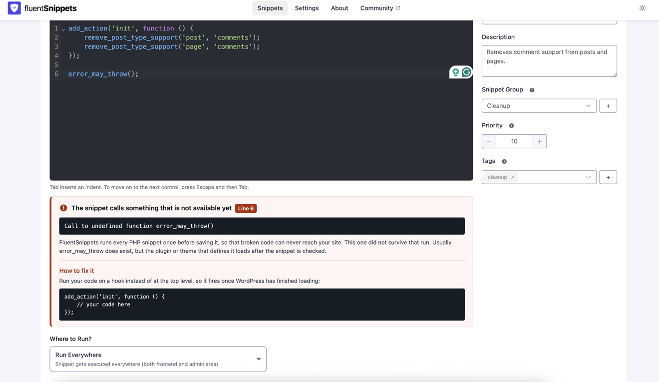 The editor showing a save-time error panel: 'The snippet calls something that is not available yet, Line 6 — Call to undefined function error_may_throw()', with an explanation and a 'How to fix it' code suggestion.