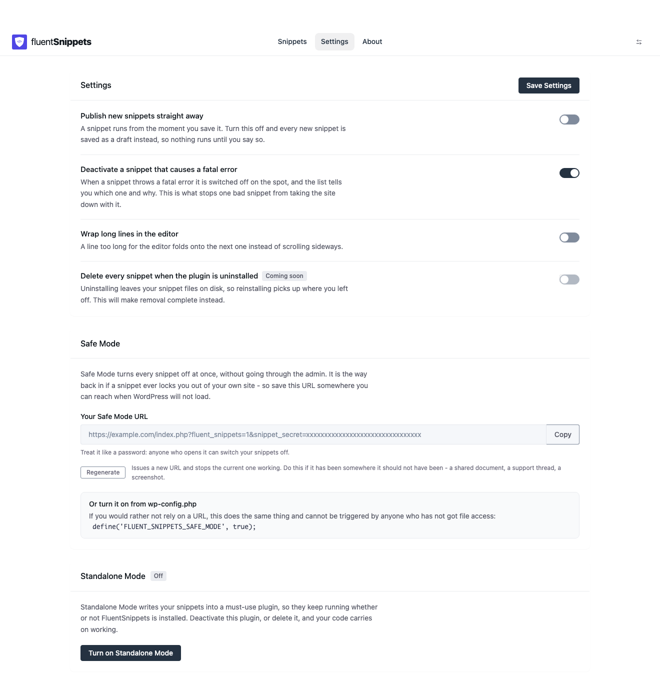 The FluentSnippets settings screen showing four setting toggles, the Safe Mode section with a Safe Mode URL, copy button and Regenerate button, and the Standalone Mode section.