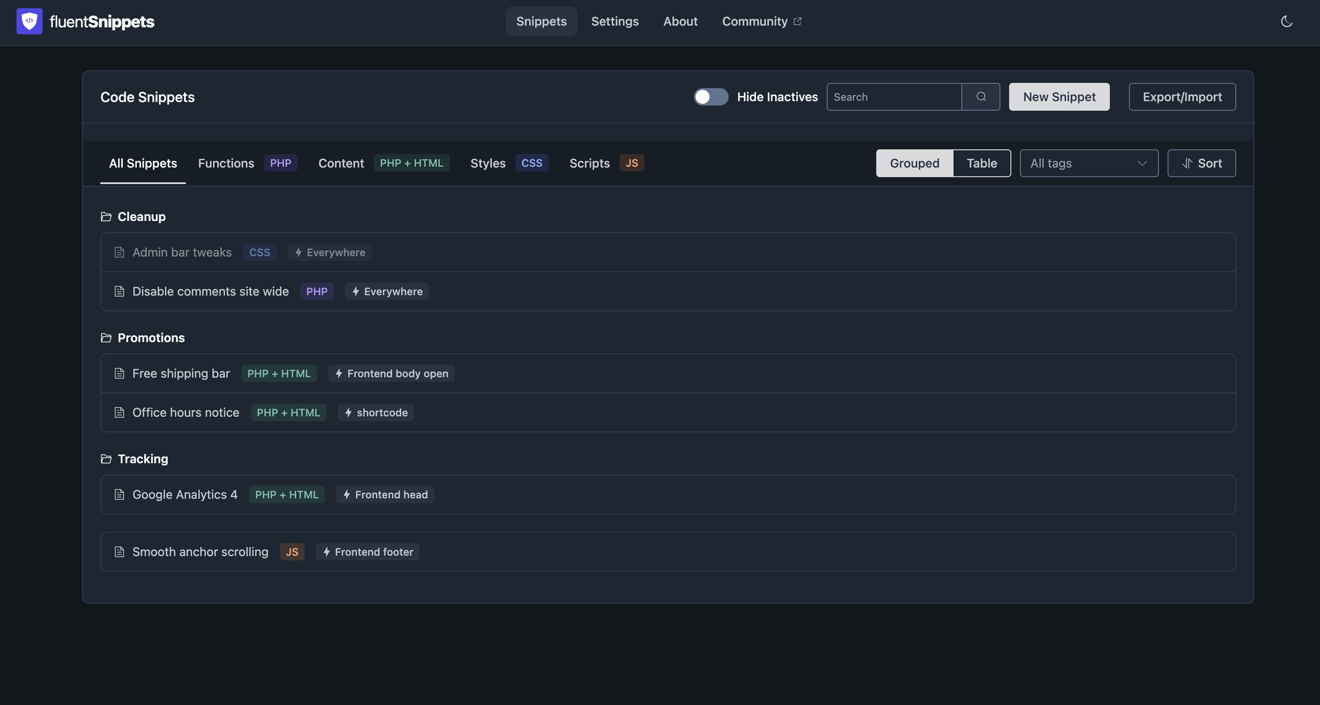 The FluentSnippets snippet list in dark mode, showing three groups of snippets with their type and run-location badges.