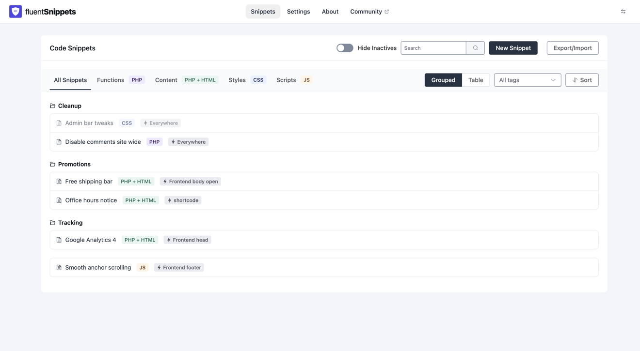 The FluentSnippets snippet list, showing snippets organised into Cleanup, Promotions and Tracking groups.